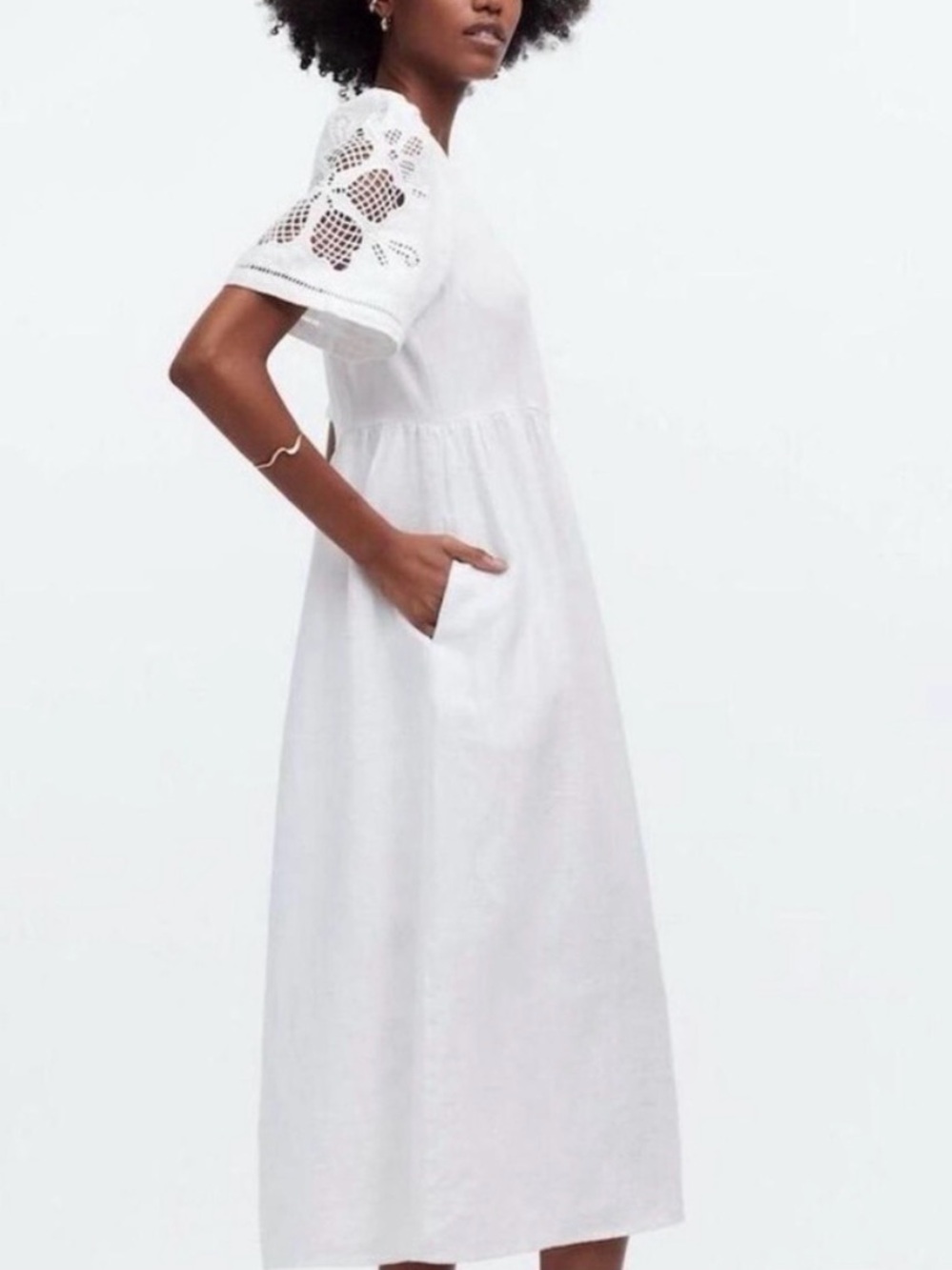 Madewell White Button-Front Eyelet-Sleeve Midi Dress - Picture 4 of 8